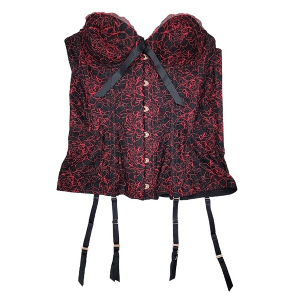 Savage x Fenty Embroidered Lace Corset Black Red Lace-Up Coquette